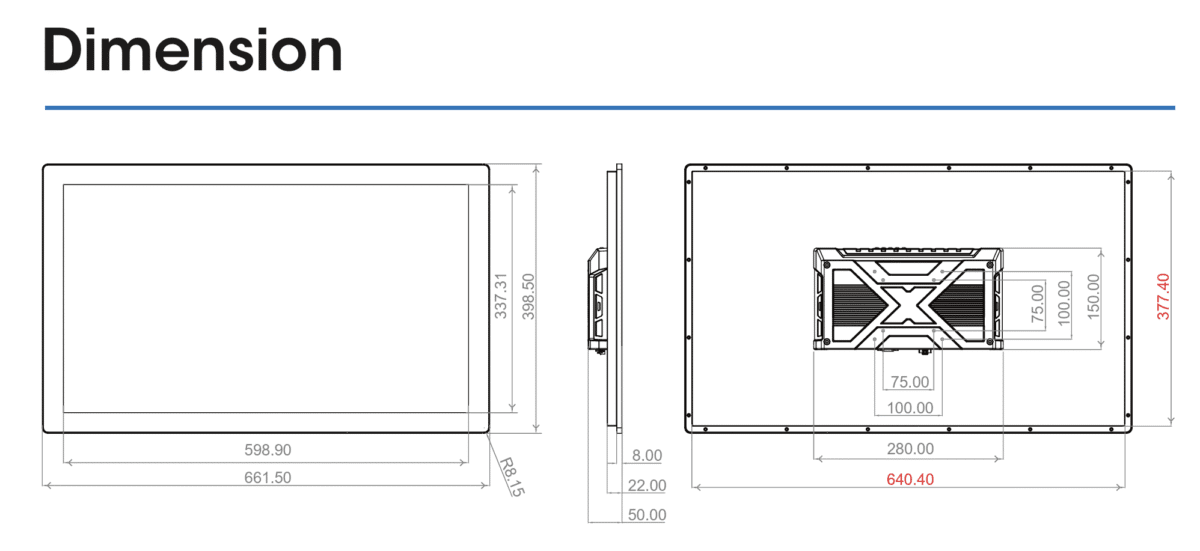 Dimensions of the Industrial 27" sunlight readable touch monitor
